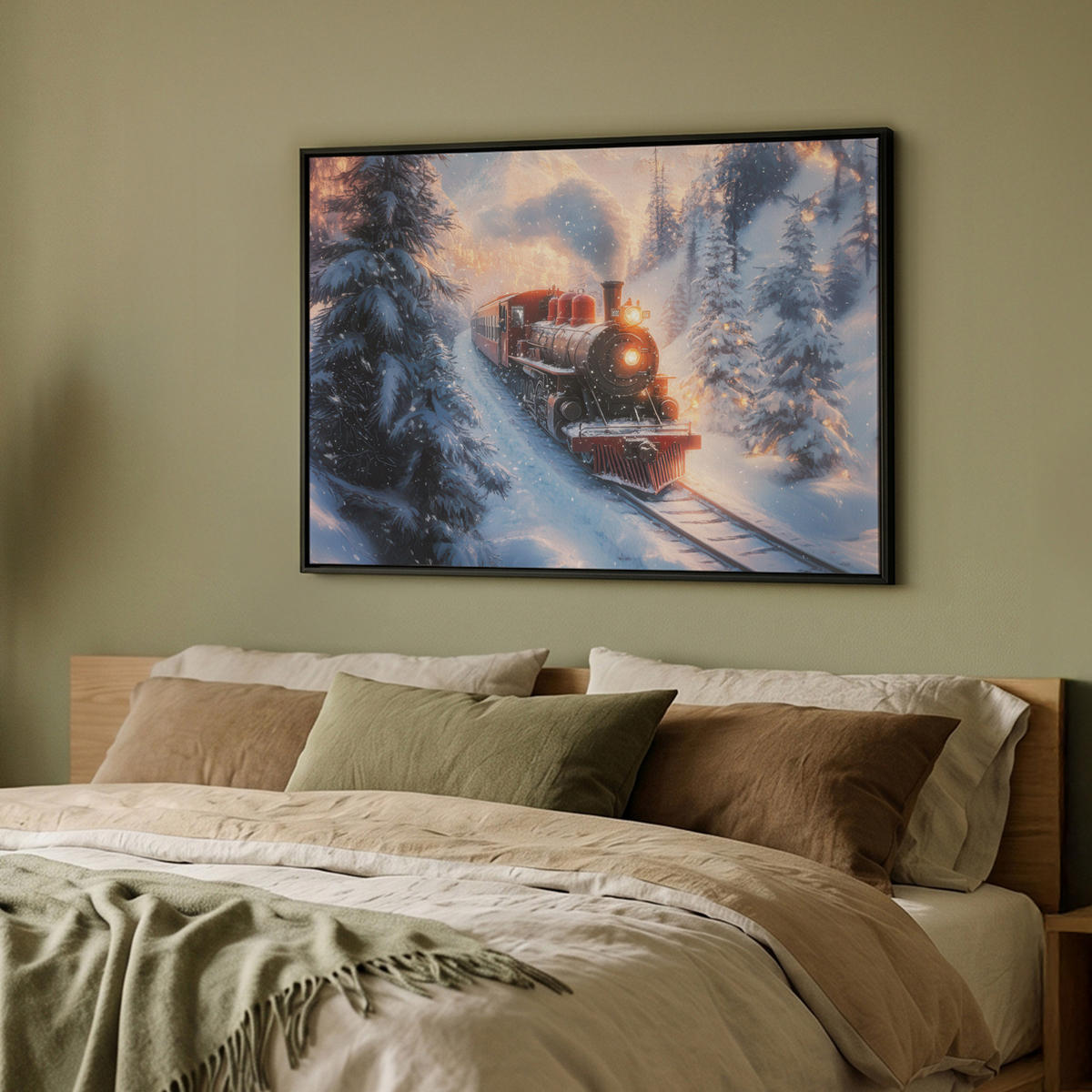 LEINWAND Bilder mit Rahmen - Weihnachtszug - Schnee - Winter - Weihnachten - 100x70 - Dunkelrot, Textil (100/70cm) - MuchoWow