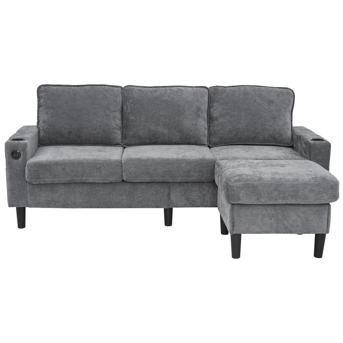 ECKSOFA Gepolstertes 3-Sitzer mit Fußhocker und USB und Typ-C-Anschlüssen Grau Leinen 202/137/80 cm - Grau, Textil (202/137cm) - OKWISH