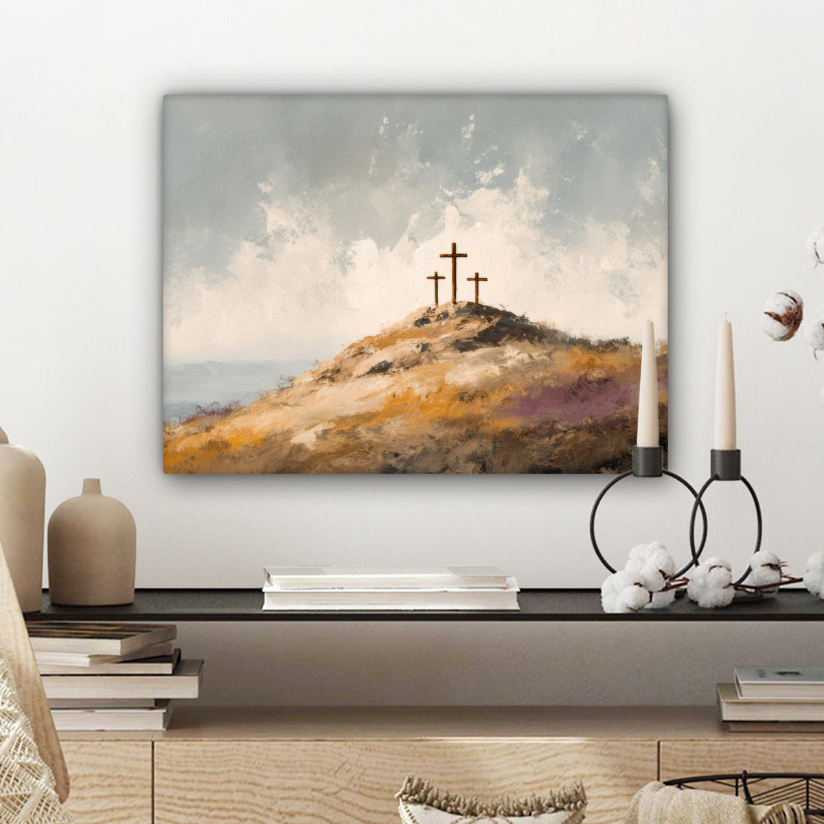 LEINWANDBILD Hügel - Abstrakt - Christentum - Kreuz Wandbild 40x30 cm - Hellgrau, Textil (40/30cm) - MuchoWow