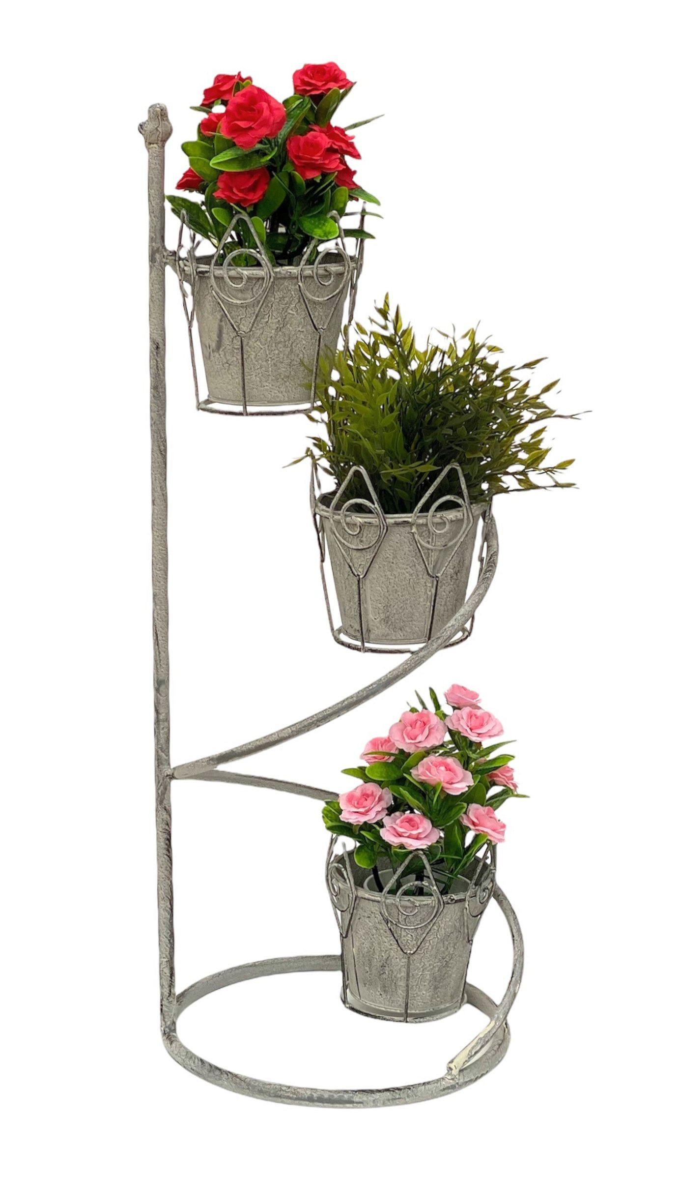 BLUMENTREPPE RUND mit 3 Töpfen Metall Weiß Grau 75 cm 96131 - Grau, Metall (28/75/13cm) - DanDiBo