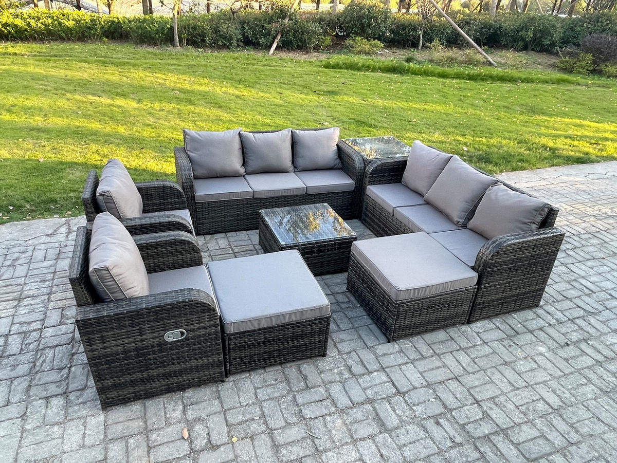 GARTENTISCHGRUPPE Polyrattan Dunkelgrau 8-teilige - Dunkelgrau/Grau, Glas/Kunststoff - Fimous