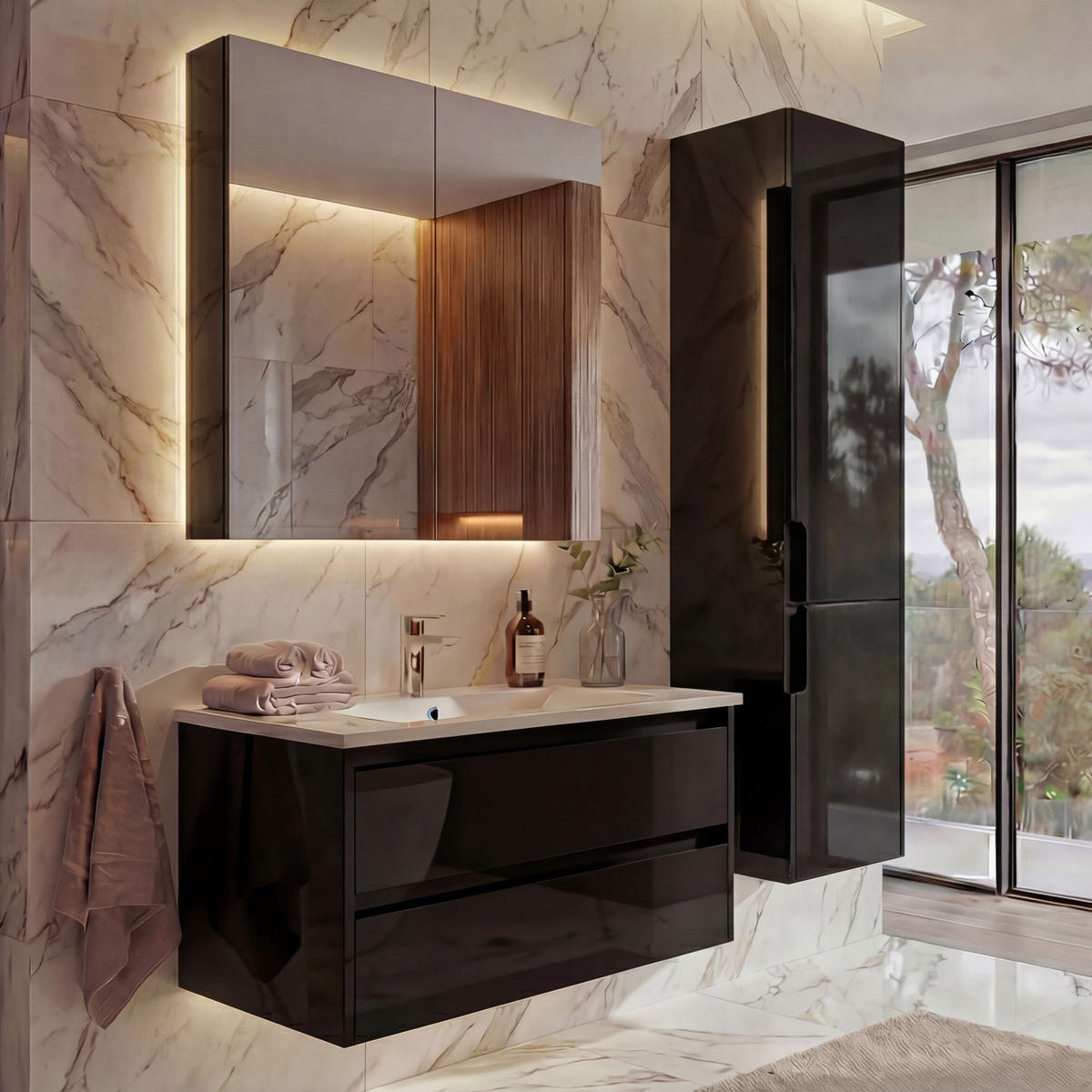 BADEZIMMERSET B19B Hochglanz Schwarz - Schwarz Hochglanz, Holz (61/150/47cm) - MCW