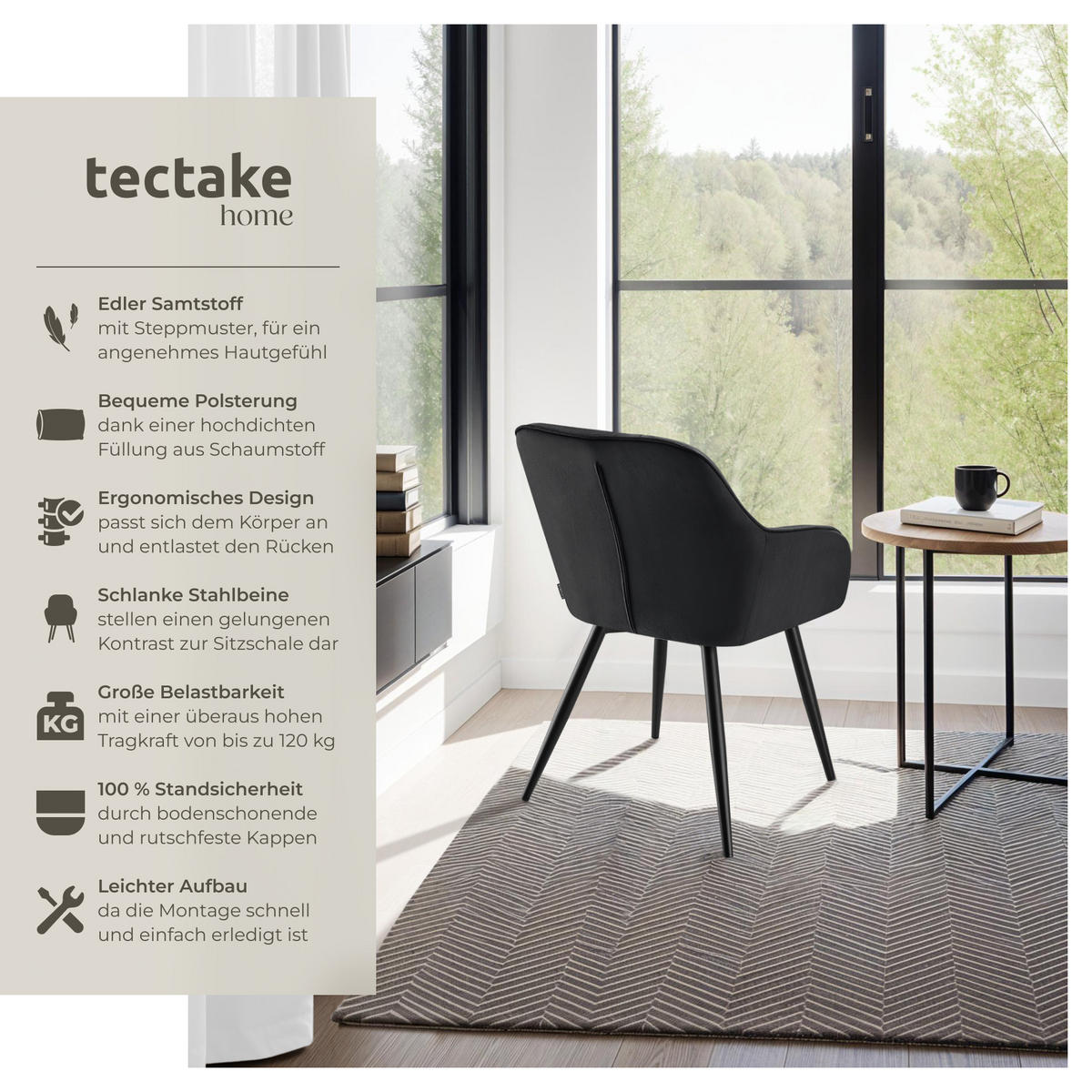 ESSZIMMERSTUHL 2er Set Marilyn 58 x 62 x 82 cm schwarz/schwarz - Schwarz, Metall (58/82/62cm) - tectake