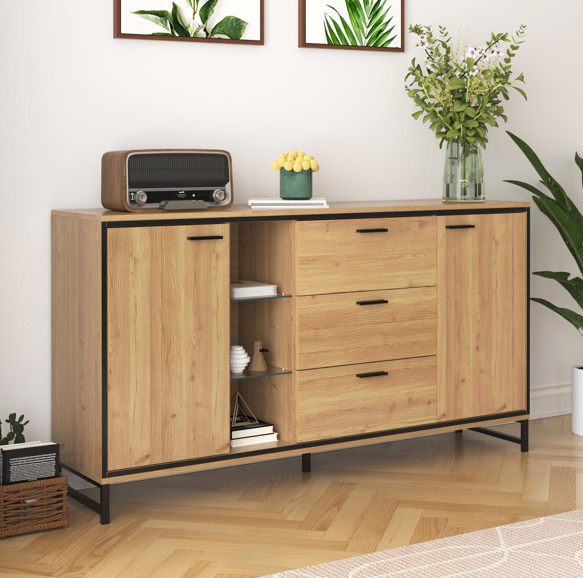 SIDEBOARD 160/40/85 cm mit 3 Schubladen, LED-Beleuchtung & Glas-Elementen - Naturfarben, Holzwerkstoff (160/85/40cm) - BEAOK