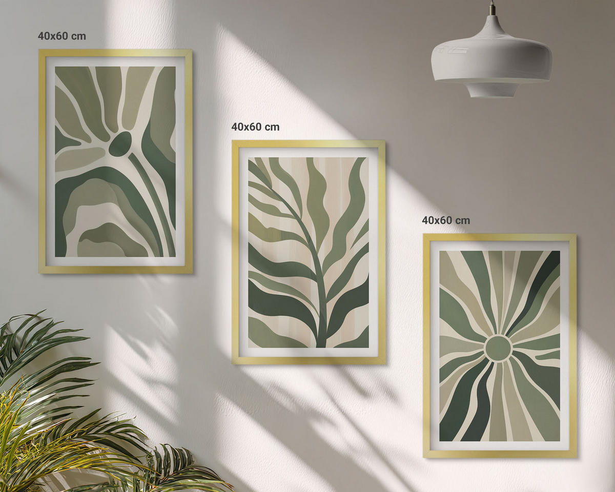 WANDBILDER 3er Set - 40x60 cm Goldrahmen - Grüne und beige Pflanzenmuster - Goldfarben, Kunststoff (40/60cm) - ArtPrintCave