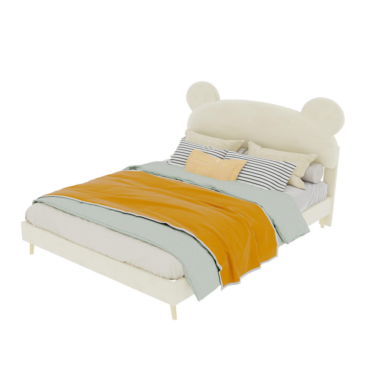 KINDERBETT aus Stoff und Metall 140x200 cm Beige mit Bärenohren-Kopfteil und Taschenfederkernmatratze - Beige, Textil (140/200cm) - IVMEU