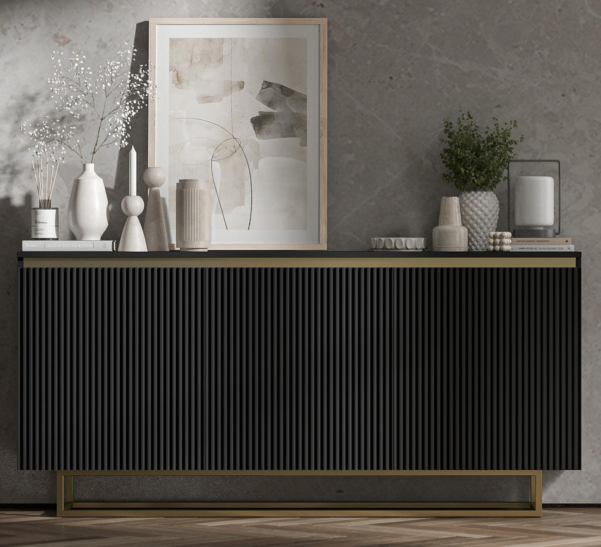 SIDEBOARD Selene 3D Schwarz Matt mit geriffelten Fronten Glamour 167 cm - Goldfarben/Schwarz, Holzwerkstoff/Metall (167/79/35cm) - Meble Lindner