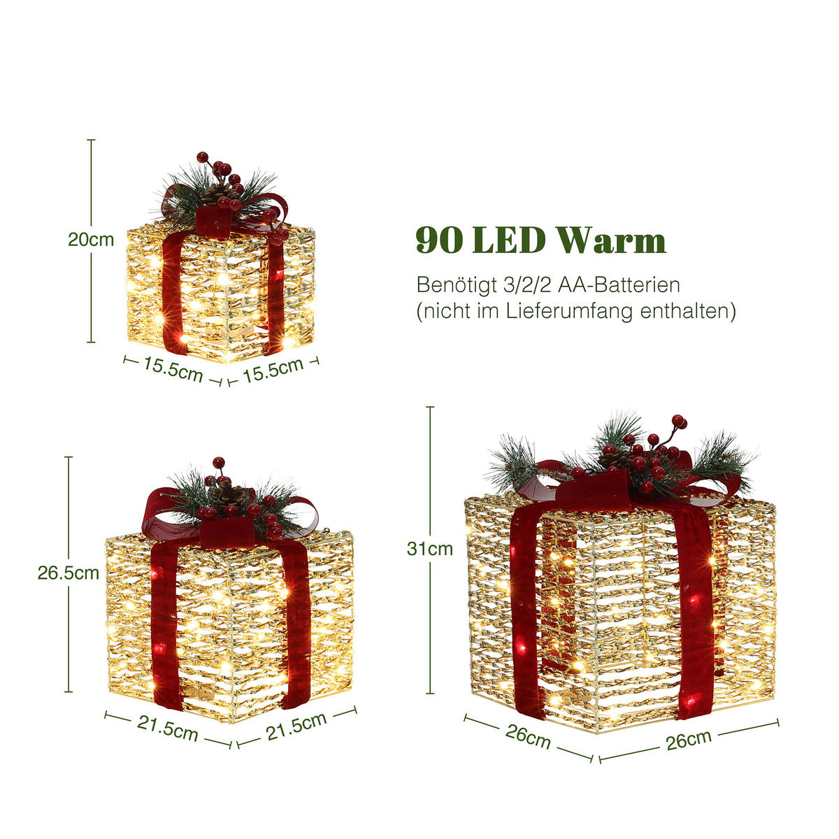 3ER-SET LED-Geschenkboxen – Weihnachtsdeko - Goldfarben, Textil (26/30/26cm) - Hometopia