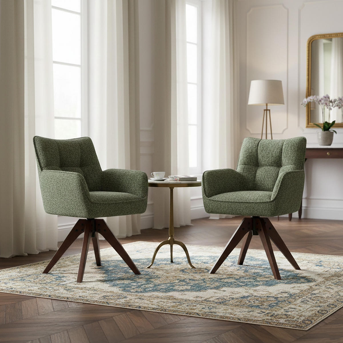 DREHSTUHL Mika-Theo 2er-Set - Nussbaumfarben/Grün, Eichenholz/Holz (59/84/66cm) - DUBI Möbel