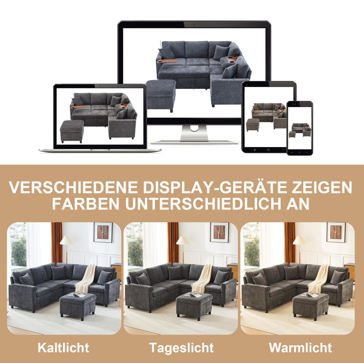 ECKSOFA Chenille mit Schlaffunktion und Hocker, USB-Anschluss/Type-C 205/205/85 cm Grau - Grau, Textil (205/205cm) - Redom