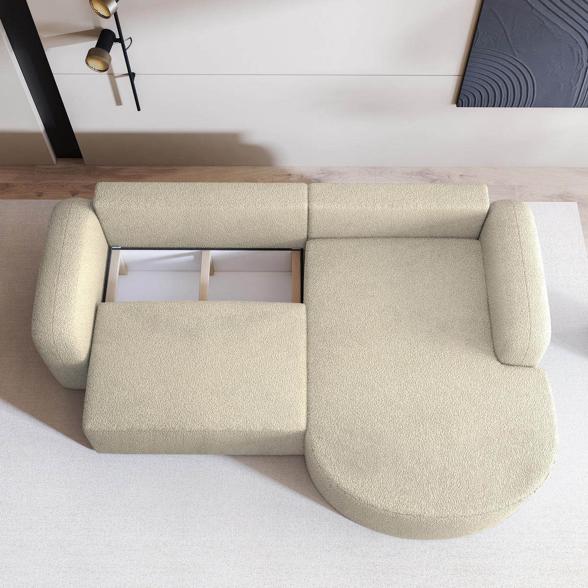 ECKSOFA AMILIA R-S Creme Boucle-Stoff mit Schlaffunktion - Creme, Holz (263/174cm) - MASSENO