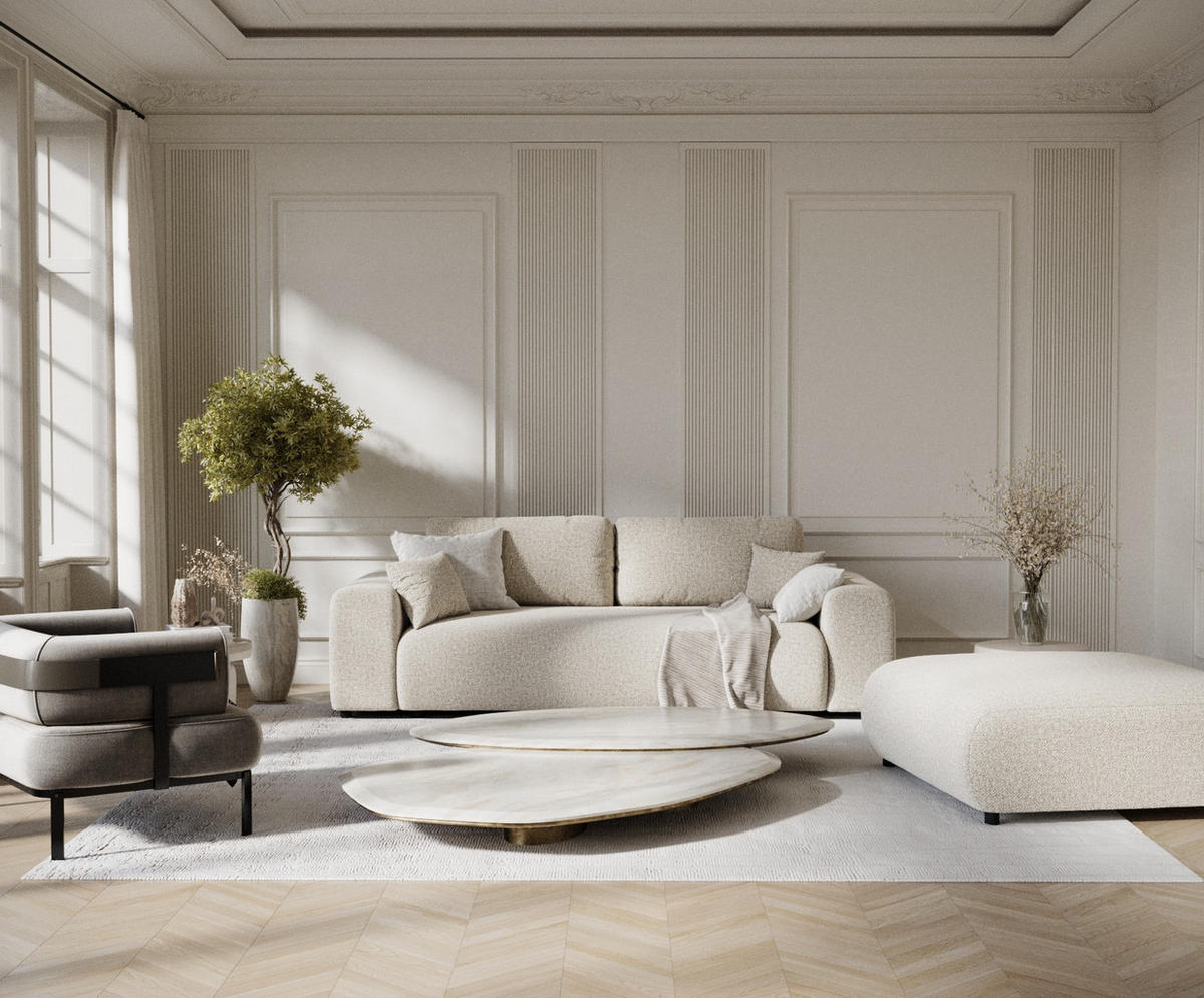 3-SITZER-SOFA Zanzibar Beige Plüschstoff - Beige/Schwarz, Holz/Holzwerkstoff (213/79/108cm) - Maison de Reve