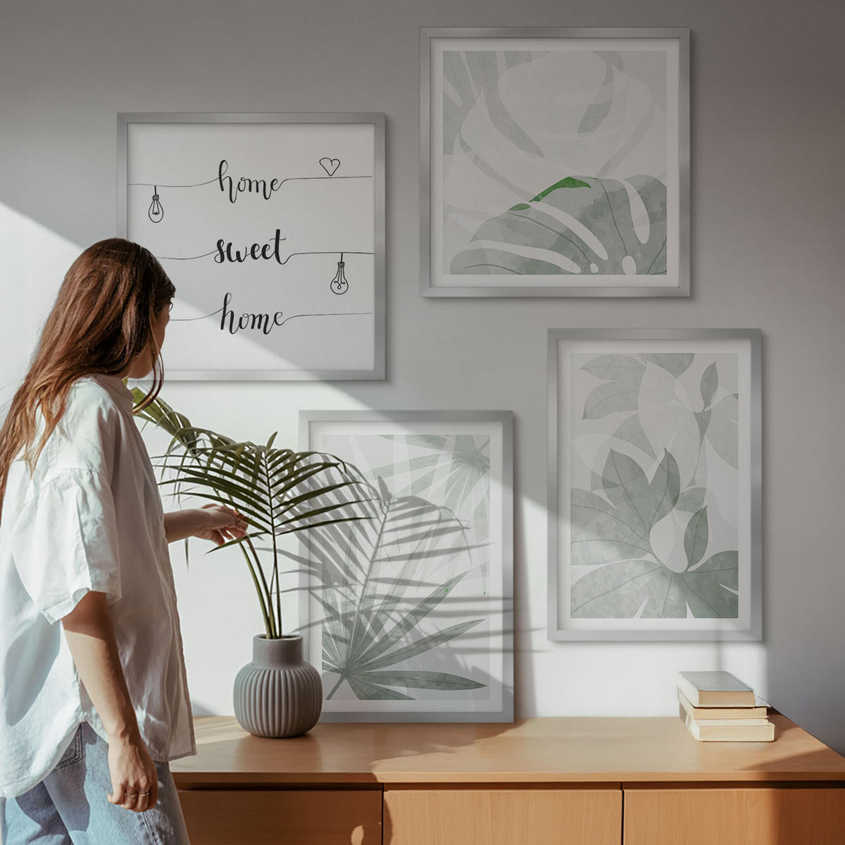 WANDBILDER 4er Set - 50x50 cm & 40x60 cm Silberner Rahmen - Die Blätter der Pflanzen sind grünlich-grau. - Silberfarben, Kunststoff (50/50cm) - ArtPrintCave