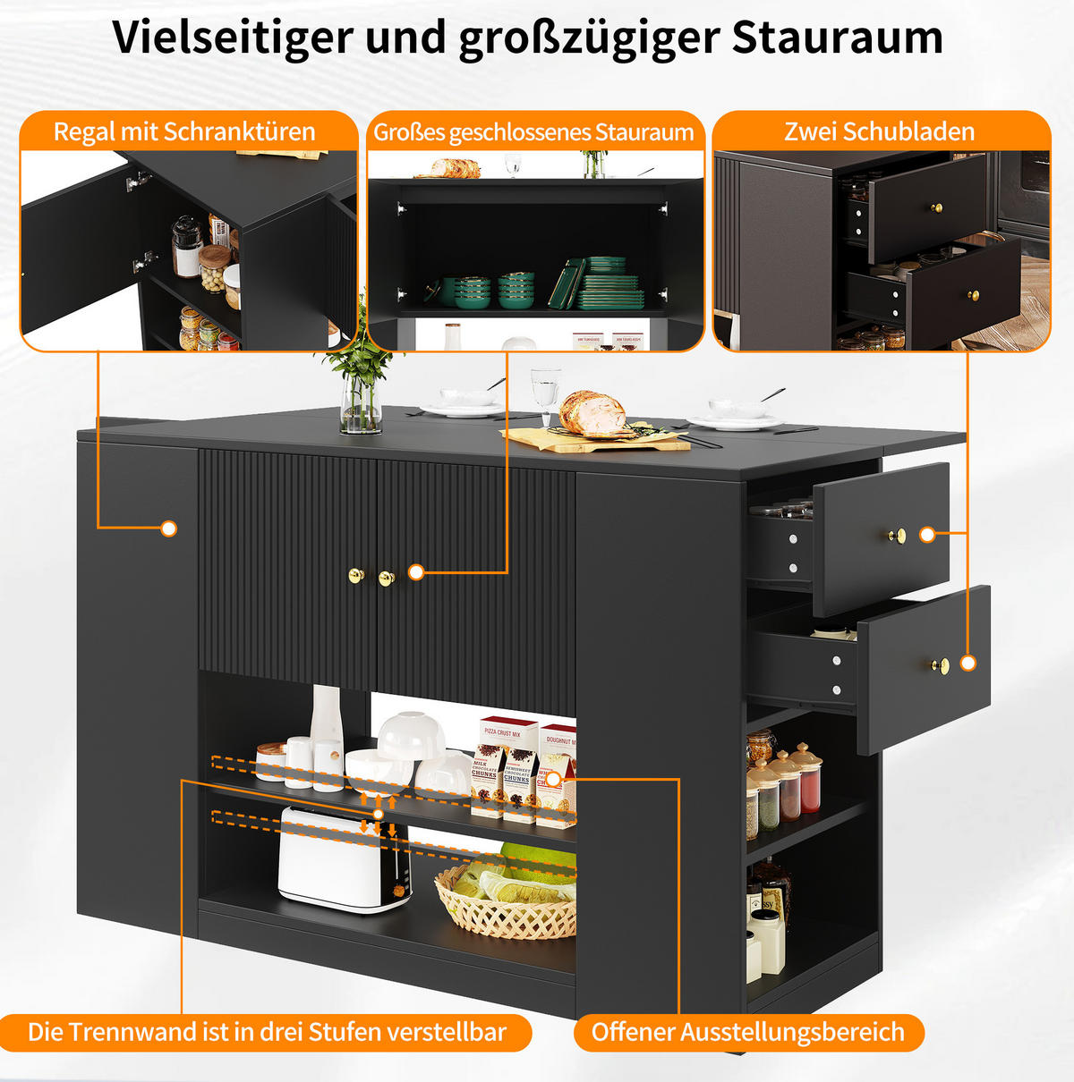 KÜCHENINSEL 140x40x90cm Schwarz mit Regalen & zweitürigem Schrank - Schwarz, Holzwerkstoff (140/90/70cm) - Modfu