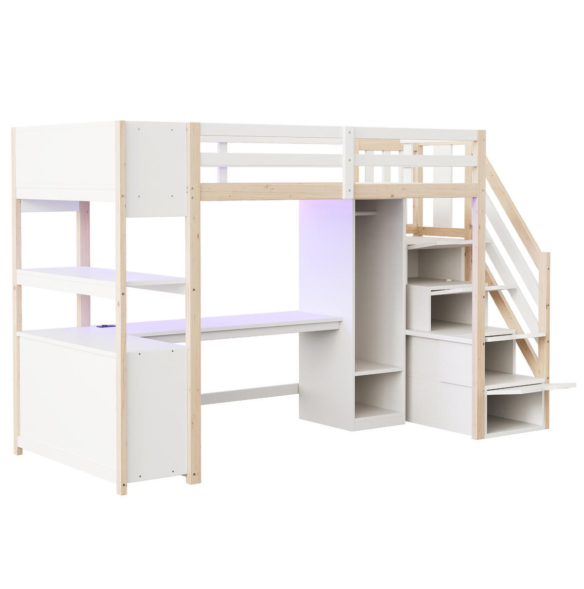 HOCHBETT 90/200 cm mit Schreibtisch, Kleiderschrank, Stauraumtreppe und LED-Beleuchtung, Weiß/Natur - Weiß, Holzwerkstoff (90/200cm) - Redom
