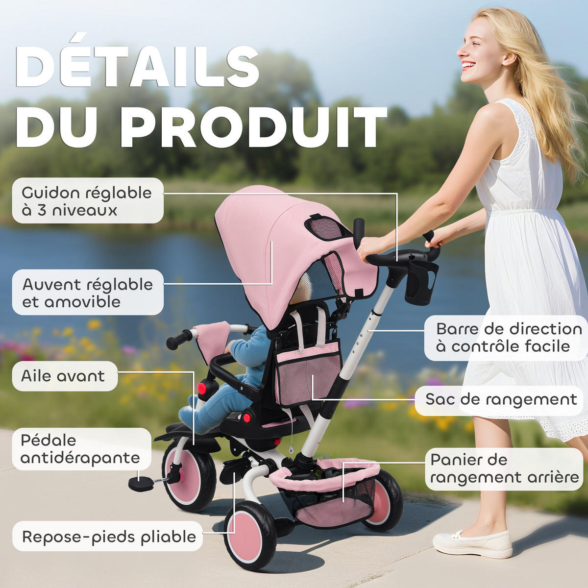 DREIRAD DE-18947 6-in-1 mit 360°-schwenkbarem Sitz & klappbar Rosa - Pink, Kunststoff (111.5/52/98cm) - ComfortXL