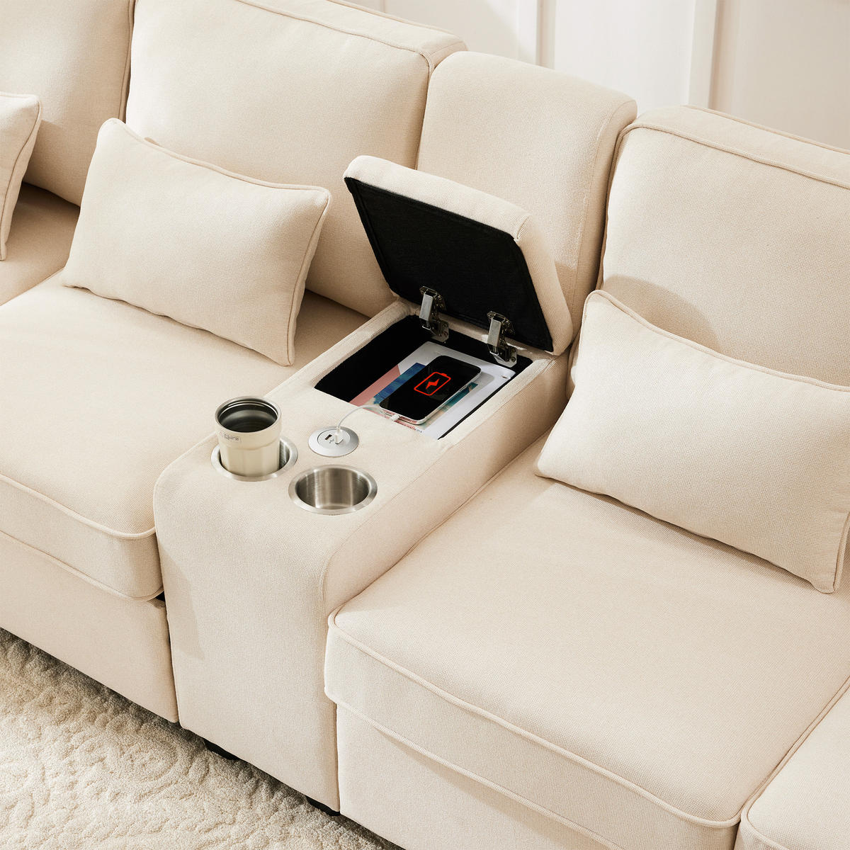 4-SITZER Sofa 290x83x88 mit Konsole, USB, Leinenbe, beige - Beige, Textil (83/88/290cm) - Luhomfu