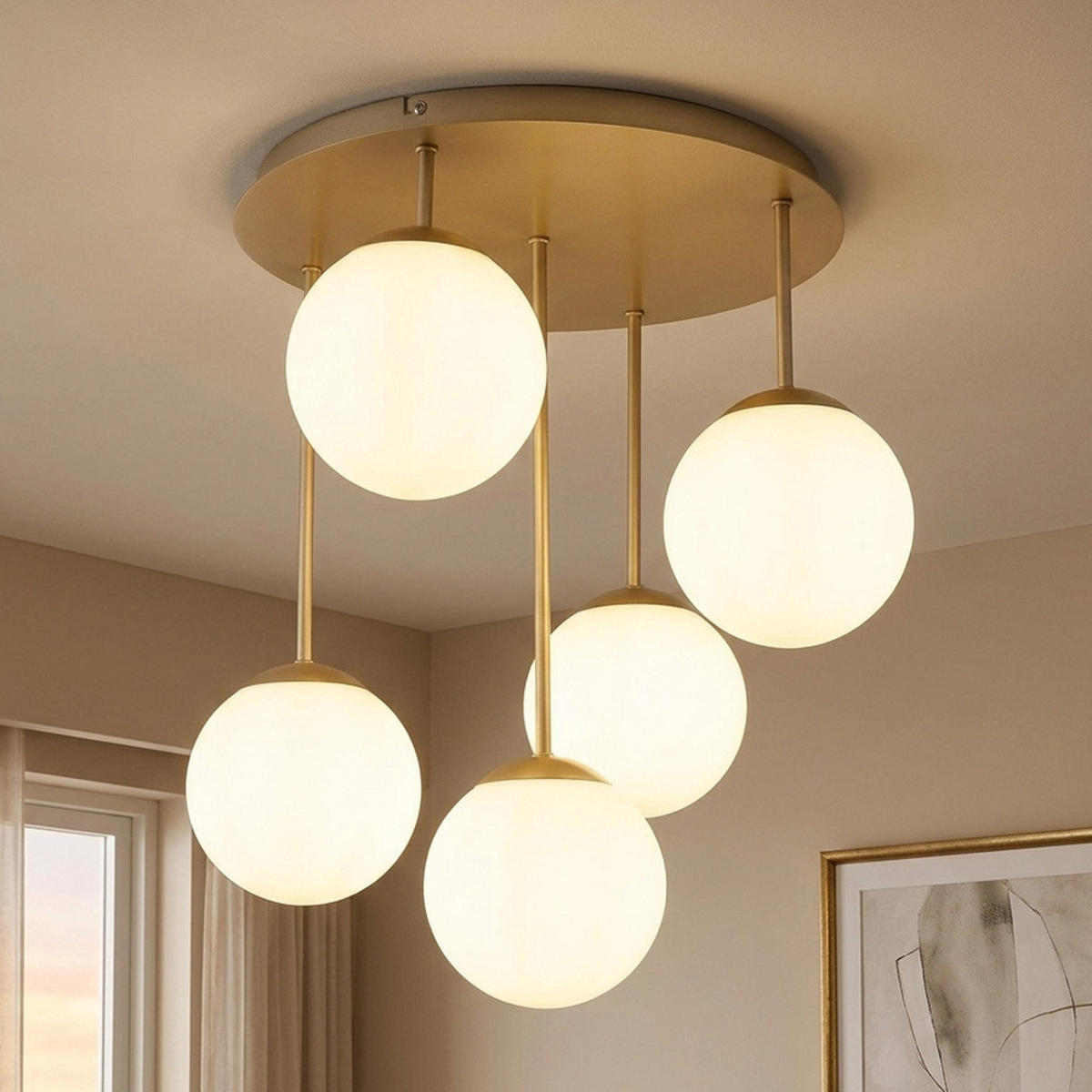 DECKENLEUCHTE HARMON Metall champagnerfarben matt, Opal - Champagner, Glas (37.5/37.5/51cm) - Globo Lighting
