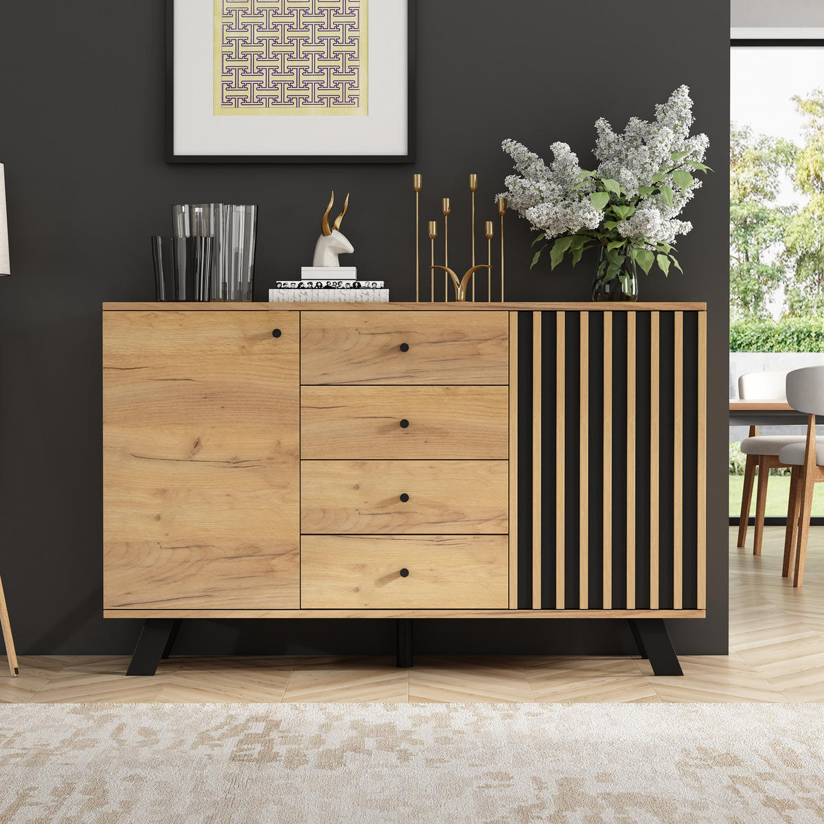 SIDEBOARD 120/38/75 cm mit 2 Türen & 4 Schubladen in Schwarz/Natur - Schwarz, Holzwerkstoff (120/75/38cm) - BEAOK
