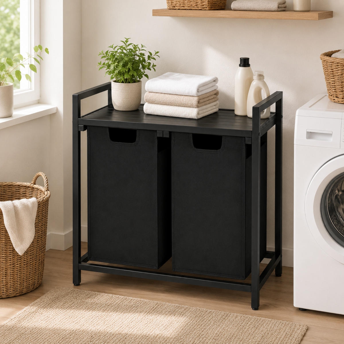 WÄSCHEKORB Metal MDF Stoff Schwarz 2 herausnehmbare Schwarz 92 Liter 73x33x71 cm - Schwarz, Metall (73/71/33cm) - Begryf