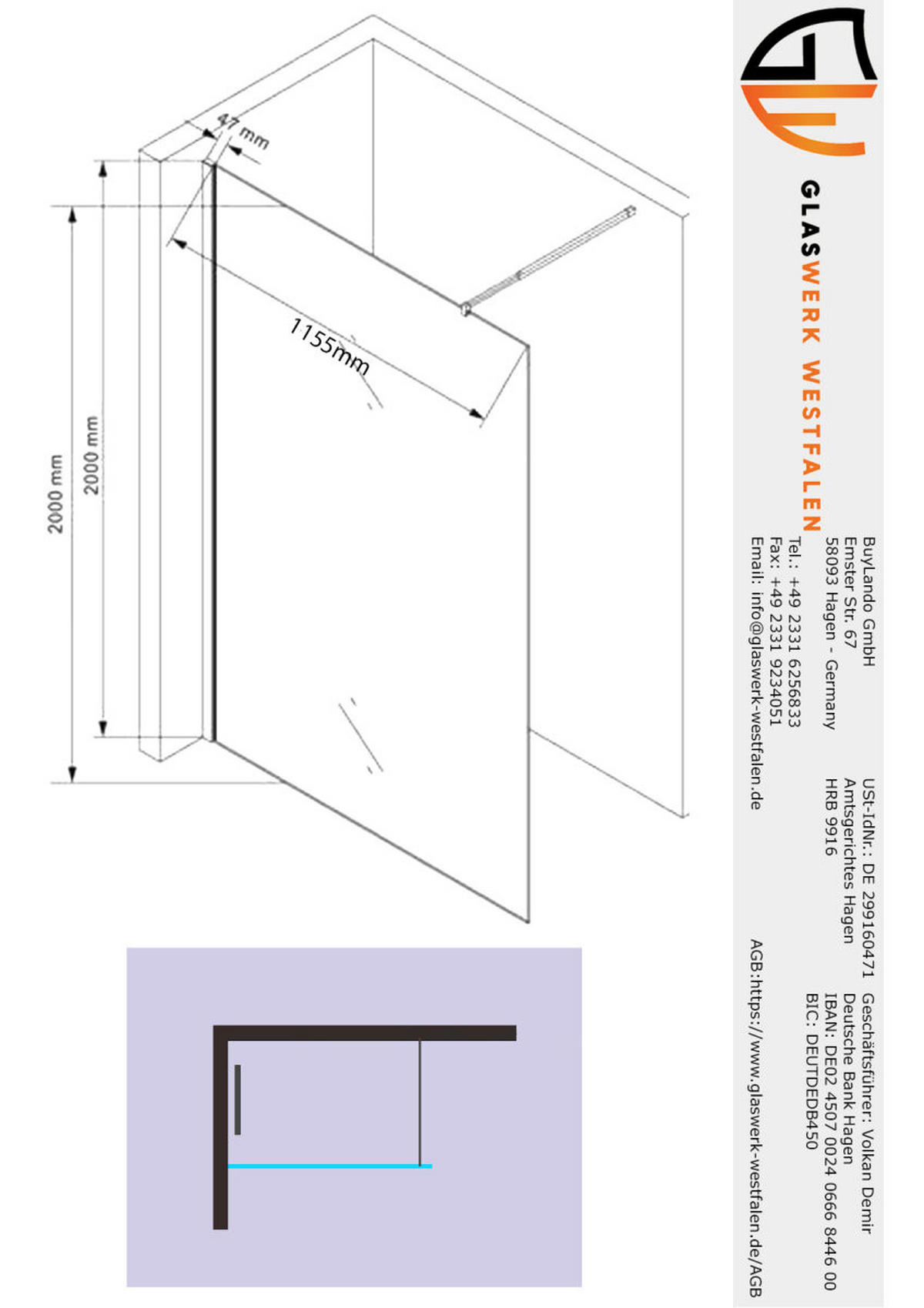 WALK-IN-DUSCHWAND 120 × 200 cm – Graues ESG-Sicherheitsglas – Weiß - Weiß, Glas (8/120/200cm) -  Glaswerk Westfalen