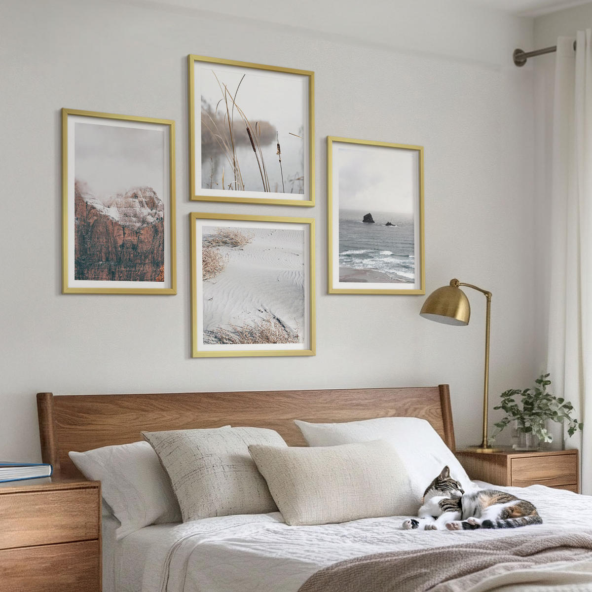 BILDER SET 4er Set - 50x50 cm & 40x60 cm Goldrahmen - Abstrakte Wellen, graue Pastellfarben - Goldfarben, Kunststoff (50/50cm) - TULUP