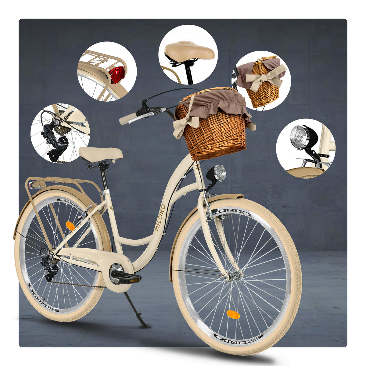 CITY-FAHRRAD Milord mit Weidenkorb, 28 Zoll, Creme-Braun, 7-Gang - Creme/Braun, Metall (46cm) - Milordbikes