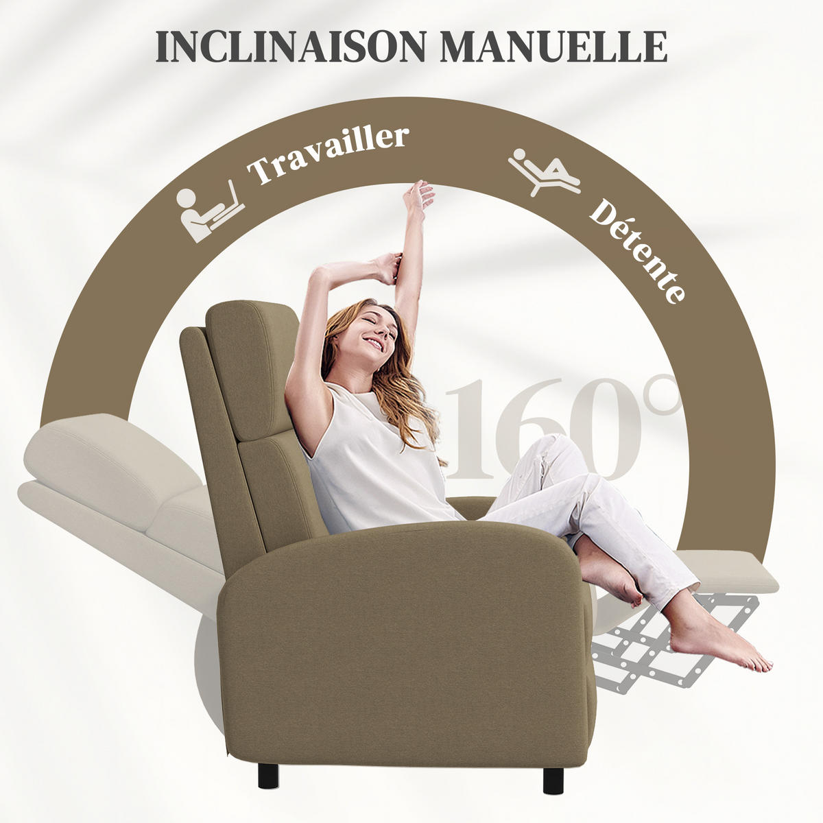 RELAXSESSEL DE-15379 160° neigbar mit integrierter Fußstütze - Beige, Textil (86/102/64cm) - ComfortXL