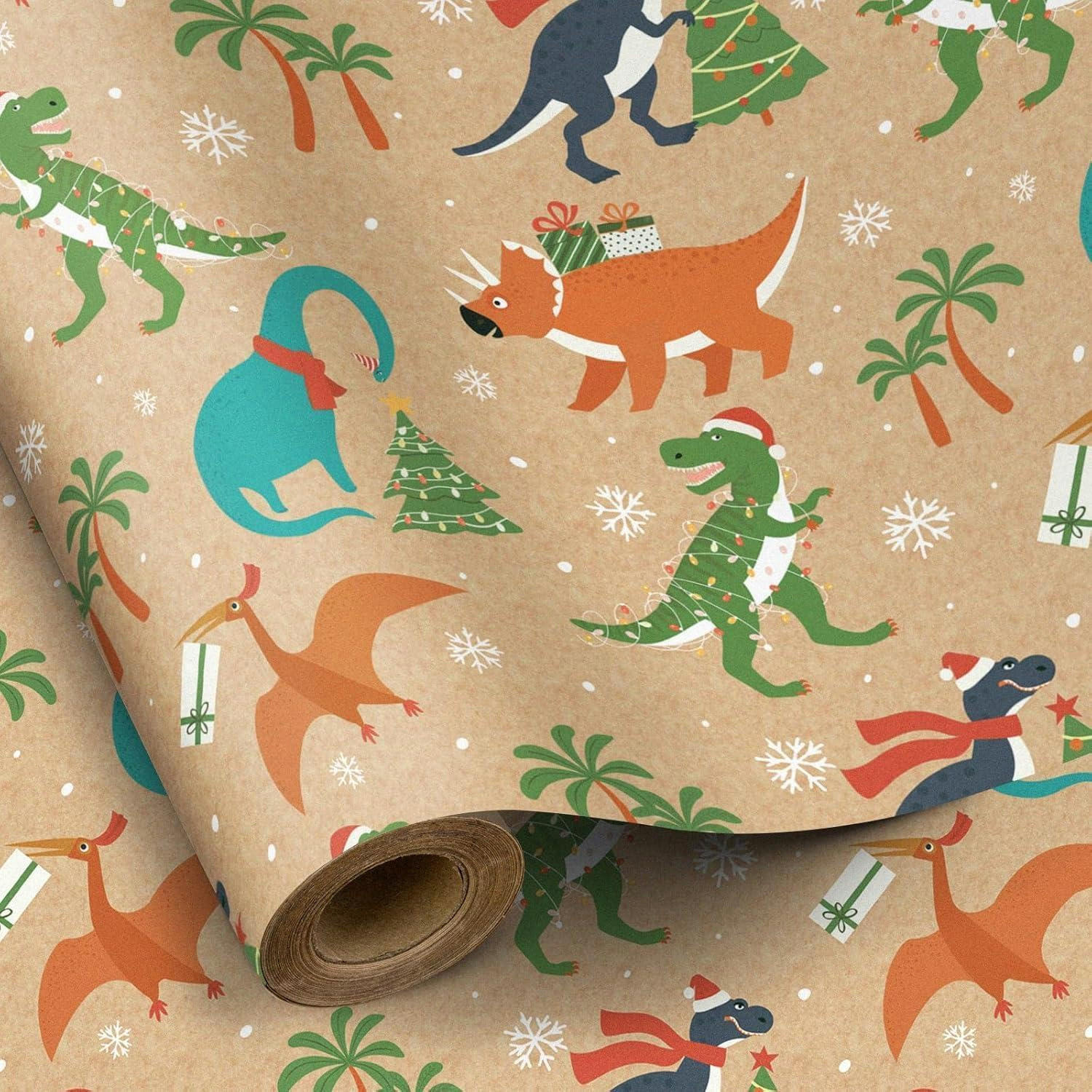 GESCHENKPAPIER Rolle Weihnachtsdinosaurier 43,2 cm x 10 m Kraftpapier - Multicolor, Papier (43.2/1/1000cm)