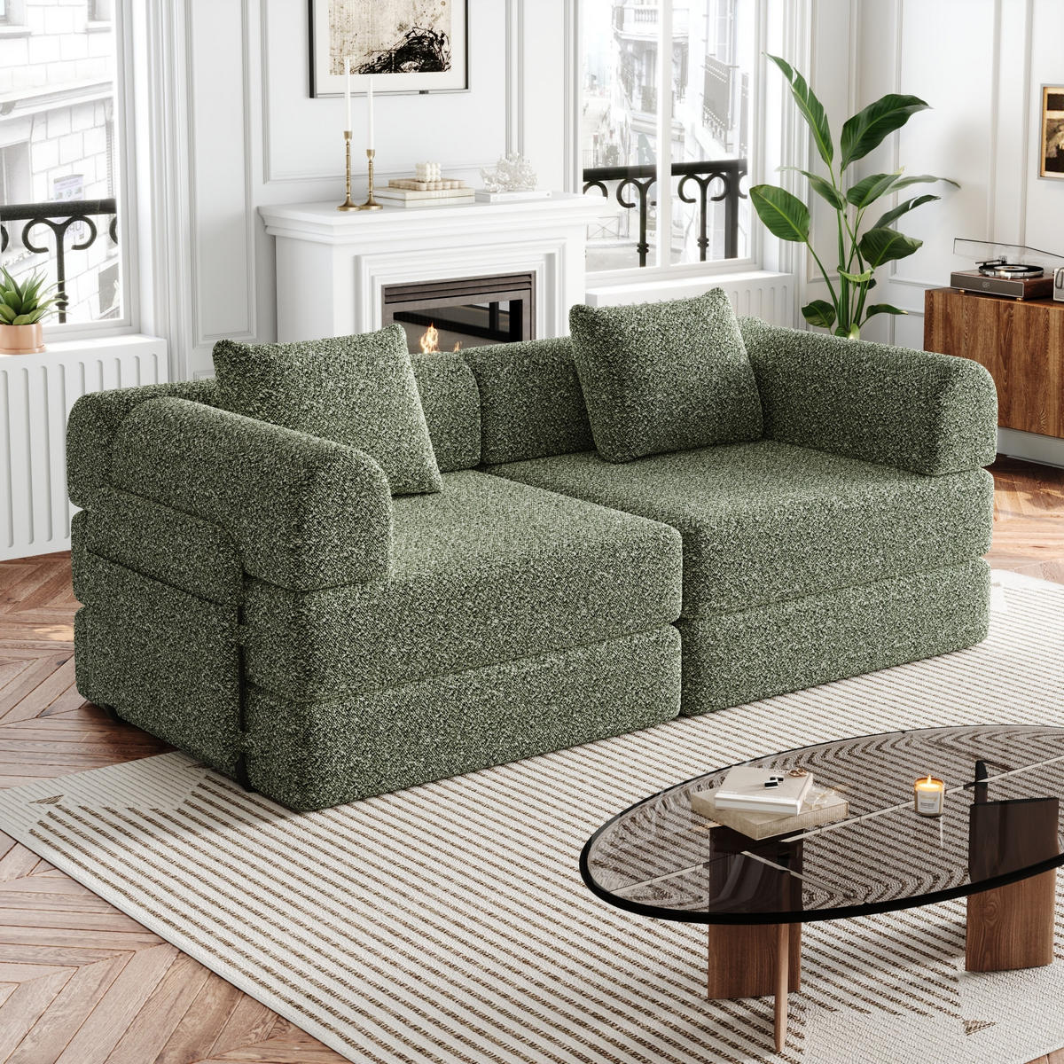 2-SITZER Sofa, 2 in 1 Schlafsofa mit Stauraum und Armlehnen,Chenille,Grün - Grün, Textil (184/69/91cm) - PARAFTA HOME