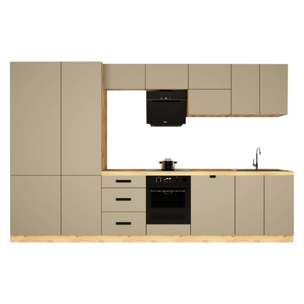KÜCHENZEILE 360 cm - Langen KL19-M360 - in Beige/ Matt - Beige/Schwarz, Holz/Metall (360/212/58cm)