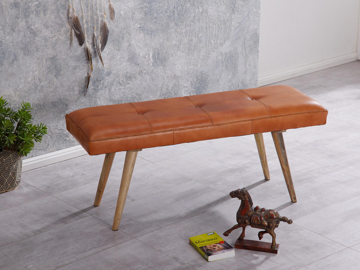 SITZBANK – Ziegenleder/Massivholz, Retro-Stil, 200 kg Belastbarkeit - Braun, Mangoholz/Leder (117/51/38cm) - KADIMA DESIGN