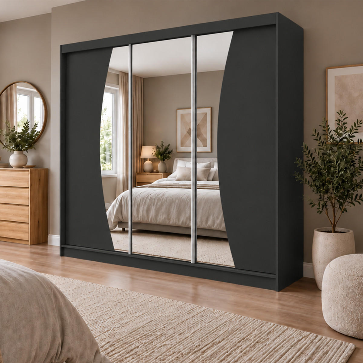 KLEIDERSCHRANK Nox 240 cm Schwarz Spiegel 4 Schubladen Griffe silber - Schwarz, Holzwerkstoff (240/216/61cm) - KS Home Concept