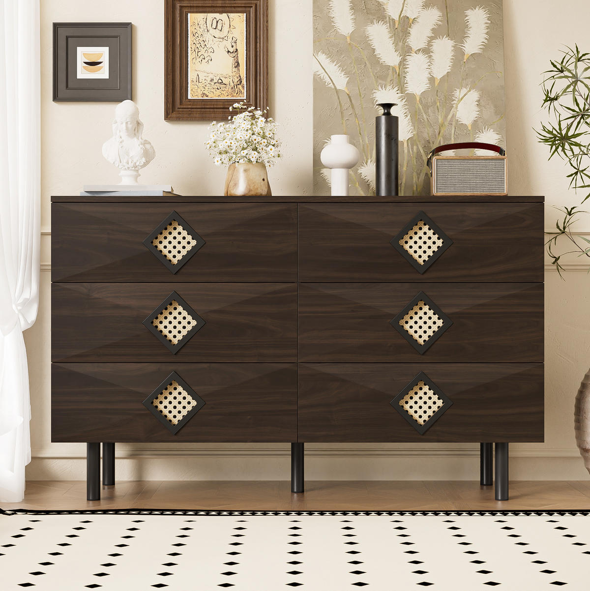 KOMMODE, 6 Schubladen, mit Rattan-Griffen und Metallbeinen – geräumig & modern, 120x40x74 cm, Walnussfarben - Naturfarben, Holzwerkstoff (40/74/120cm) - Modfu
