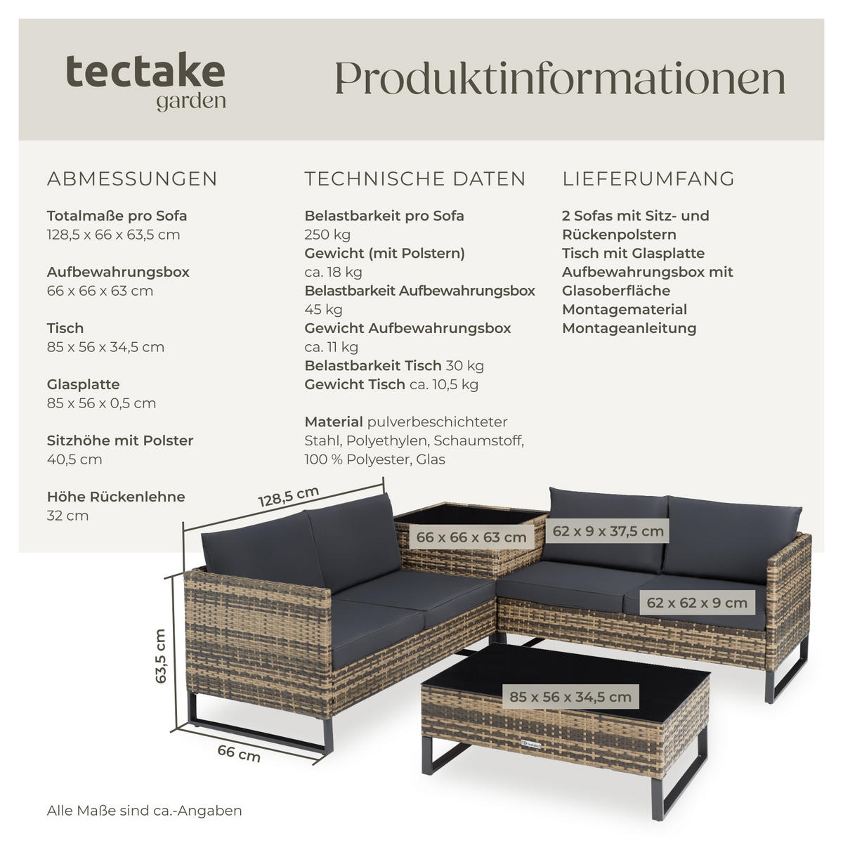 RATTANLOUNGE Ostuni,mit Sicherheitsglasplatte,natur - Naturfarben, Kunststoff - tectake