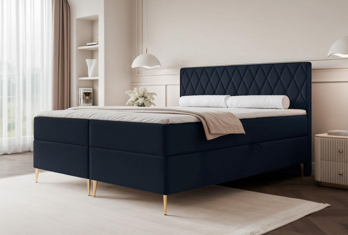 BOXBETT Caresso Dunkelblau, Velours, 180x200 cm - Goldfarben/Dunkelblau, Textil/Metall (180/200cm) - Selsey