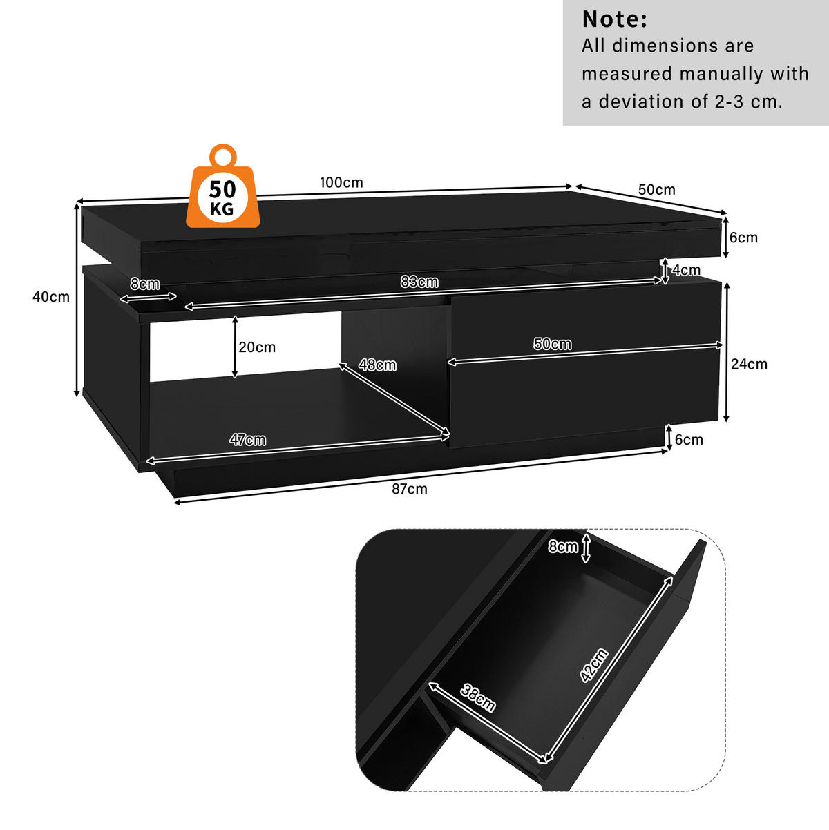 COUCHTISCH aus Spanplatte 100x50x40,3 cm Schwarz mit Hochglanzoberfläche, LED-Beleuchtung und Schublade - Schwarz, Holzwerkstoff (100/50/40.3cm) - IVMEU