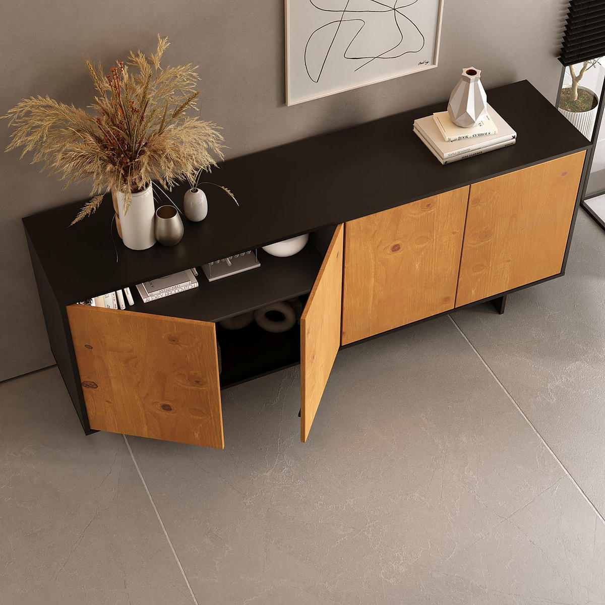 SIDEBOARD ARTO schwarz/Eiche - Eichefarben/Schwarz, Holz (180/71/41cm) - IDIMEX