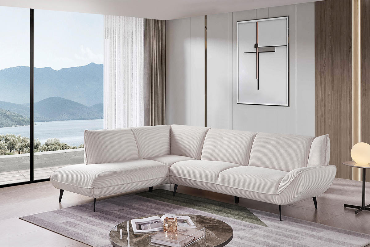 ECKSOFA CALLA Cremeweiß Cord - Creme/Schwarz, Textil (274/203cm) - KAWOLA