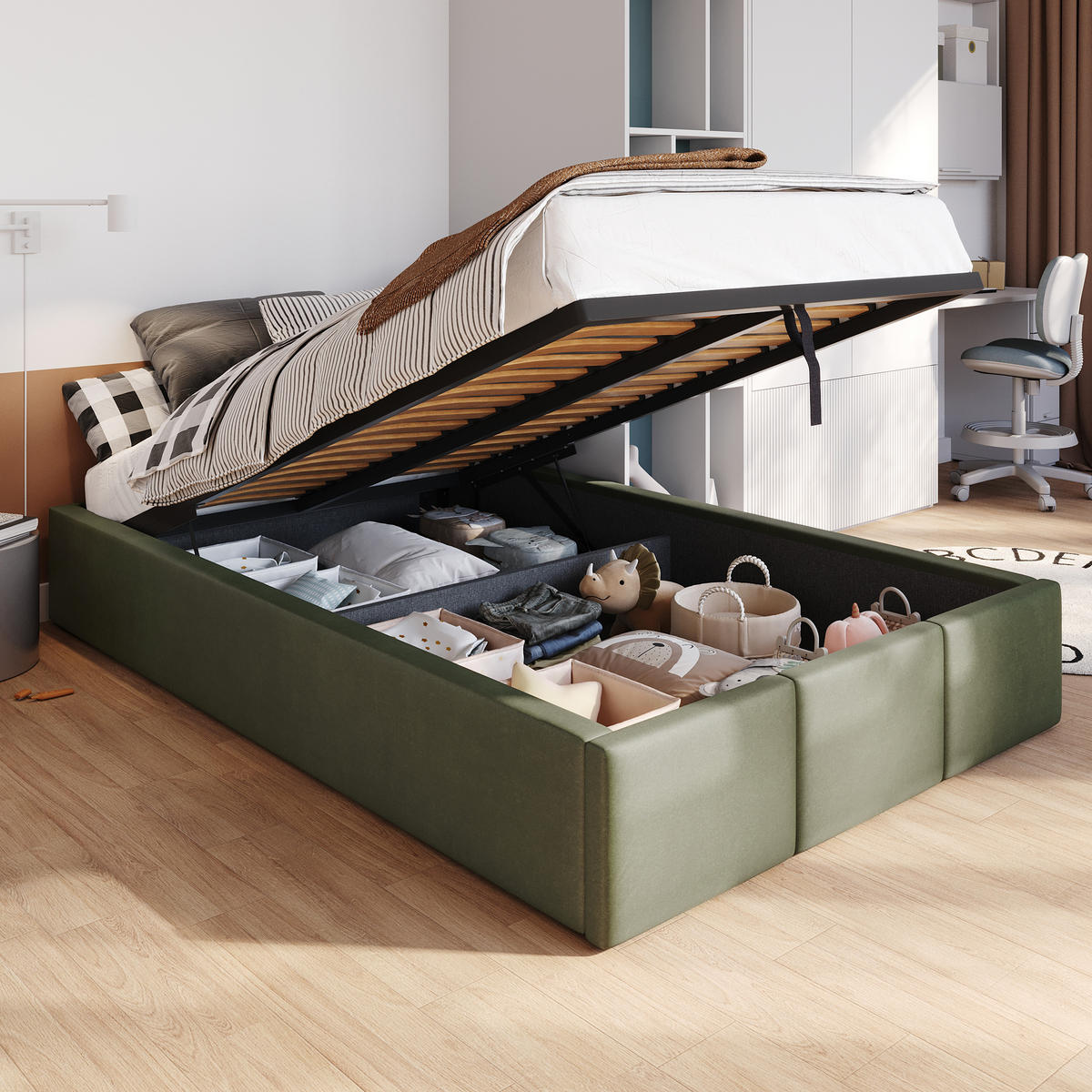POLSTERBETT für Schlafzimmer Bett mit Stauraum Khaki 120x200cm - Olivgrün, Holzwerkstoff/Textil (120/200cm) - Muralo