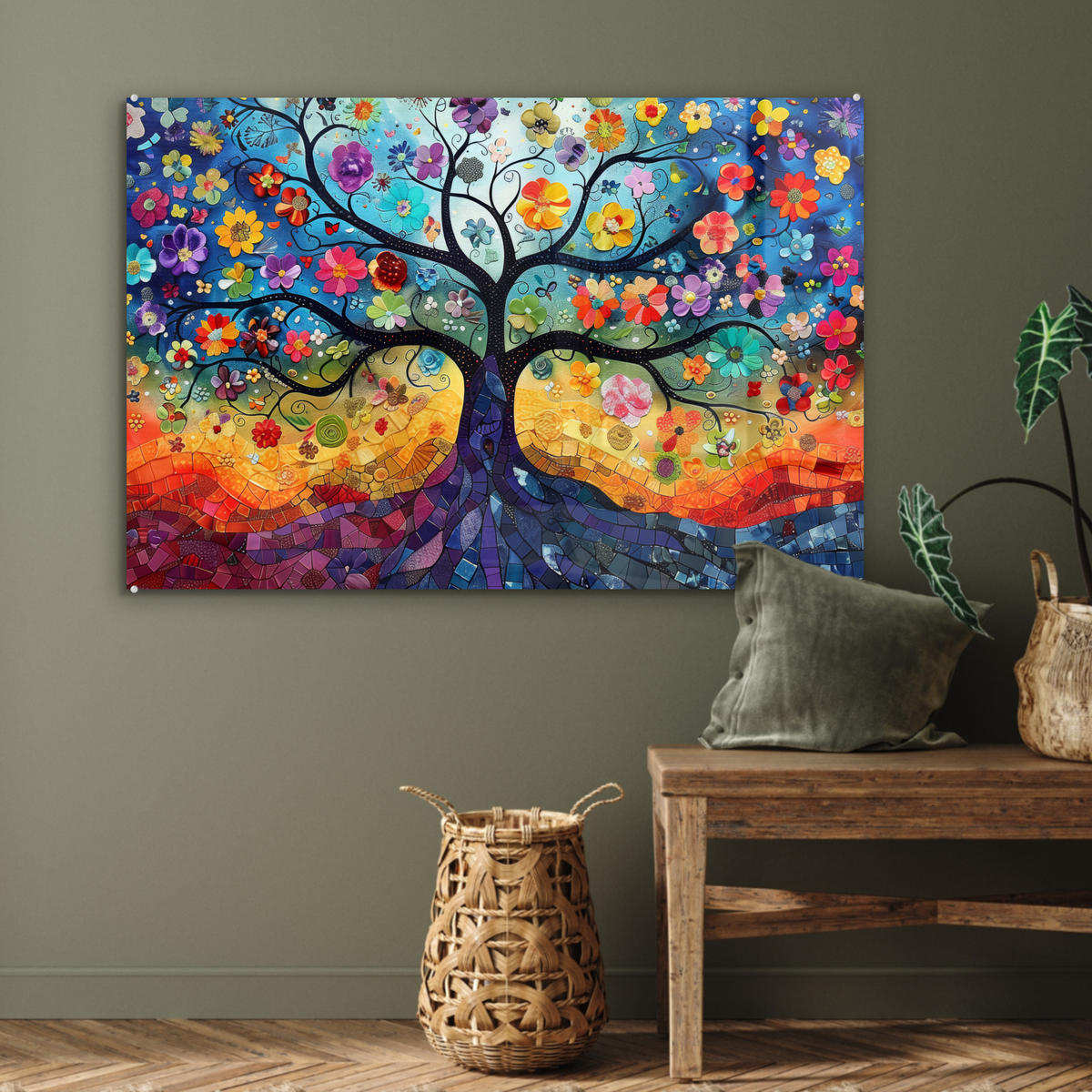 ACRYLGLASBILD Kunst - Baum des Lebens - Blumen - Hippie 90x60 cm - Dunkelblau, Glas (90/60cm) - MuchoWow