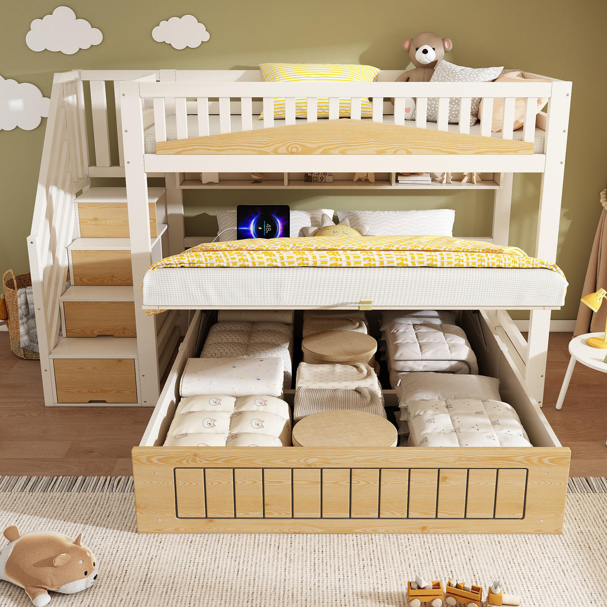 ETAGENBETT mit Treppenschrank 90/140x200 cm Weiß/Natur - Weiß, Metall (140/200cm) - Meubliv