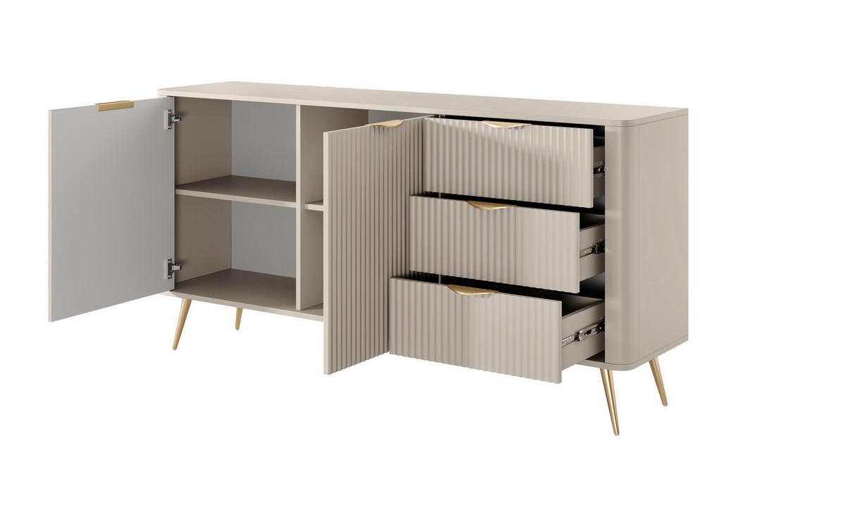 SIDEBOARD Flore 163 cm Beige / Gold - mit 3 Schubladen und 2 Türen - Riffel-Optik - Beige/Gelb, Holz/Holzwerkstoff (163/81/38cm) - Ravio