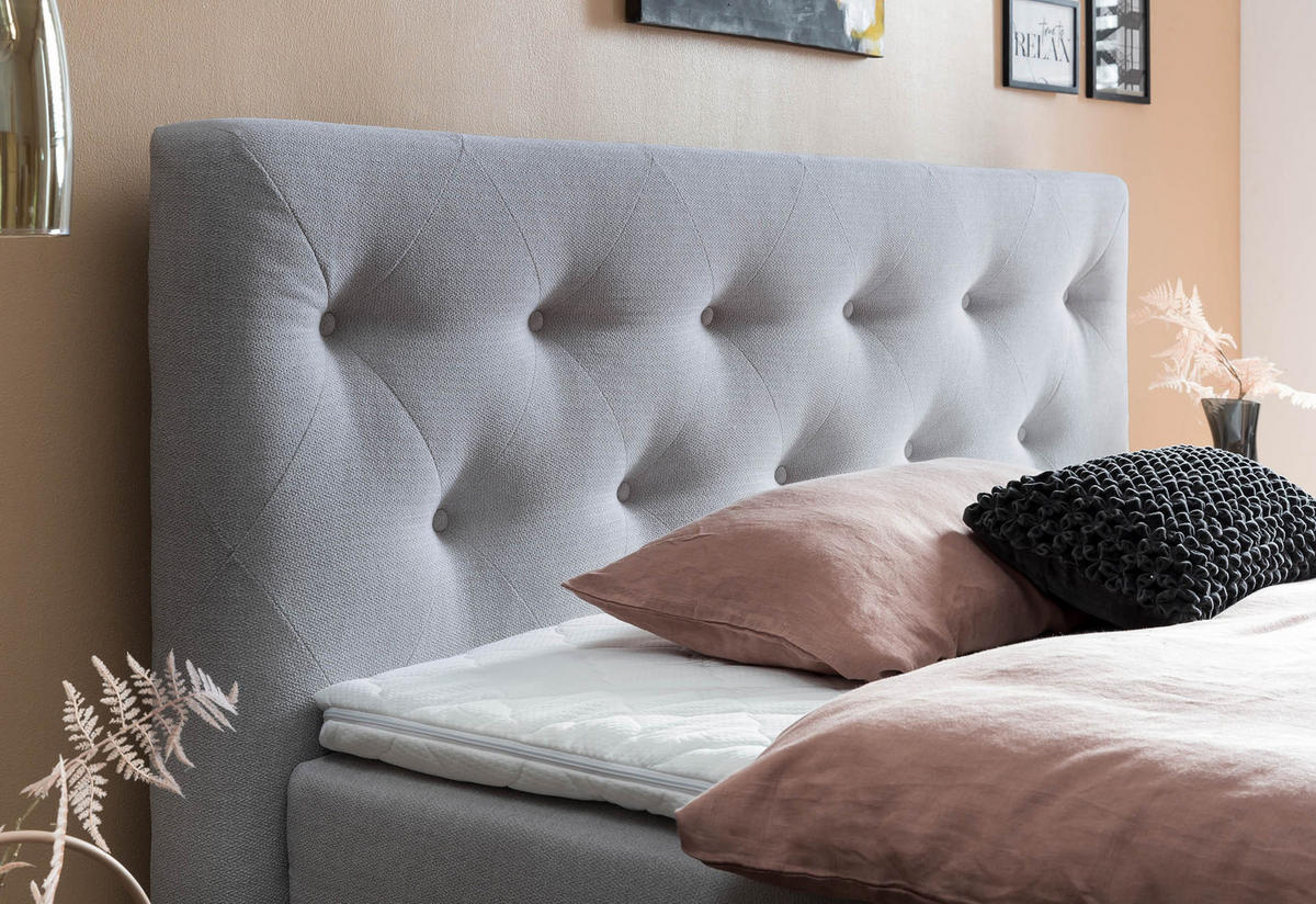BOXSPRINGBETT MARBO 180x200 Hellgrau H2 und H3 mit Bettkasten 7-Zonen Taschenfederkern Matratze inkl. Visco Topper und Eiche - Hellgrau, Textil (180/200cm) - Belanoti