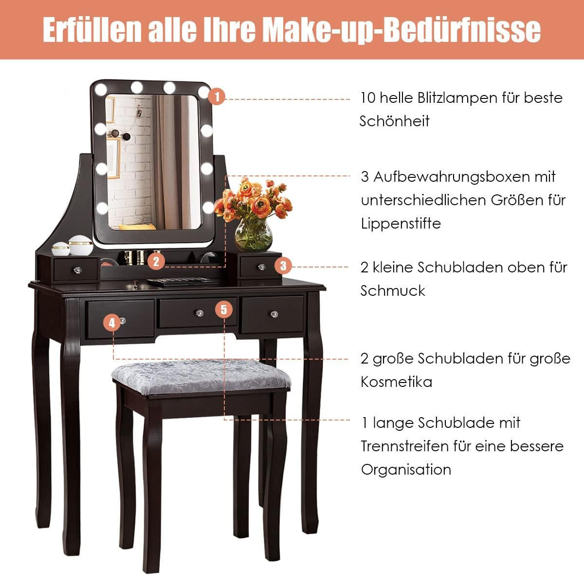 SCHMINKTISCH mit hocker Braun - Braun, Holz (80/136/40cm) - COSTWAY