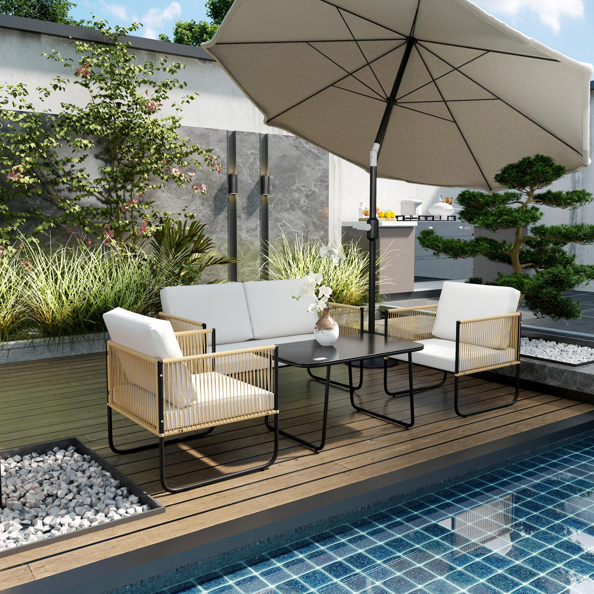 GARTENSET DE-13620 4-teilig mit Glastisch & Kissen Creme - Creme, Kunststoff/Metall - ComfortXL
