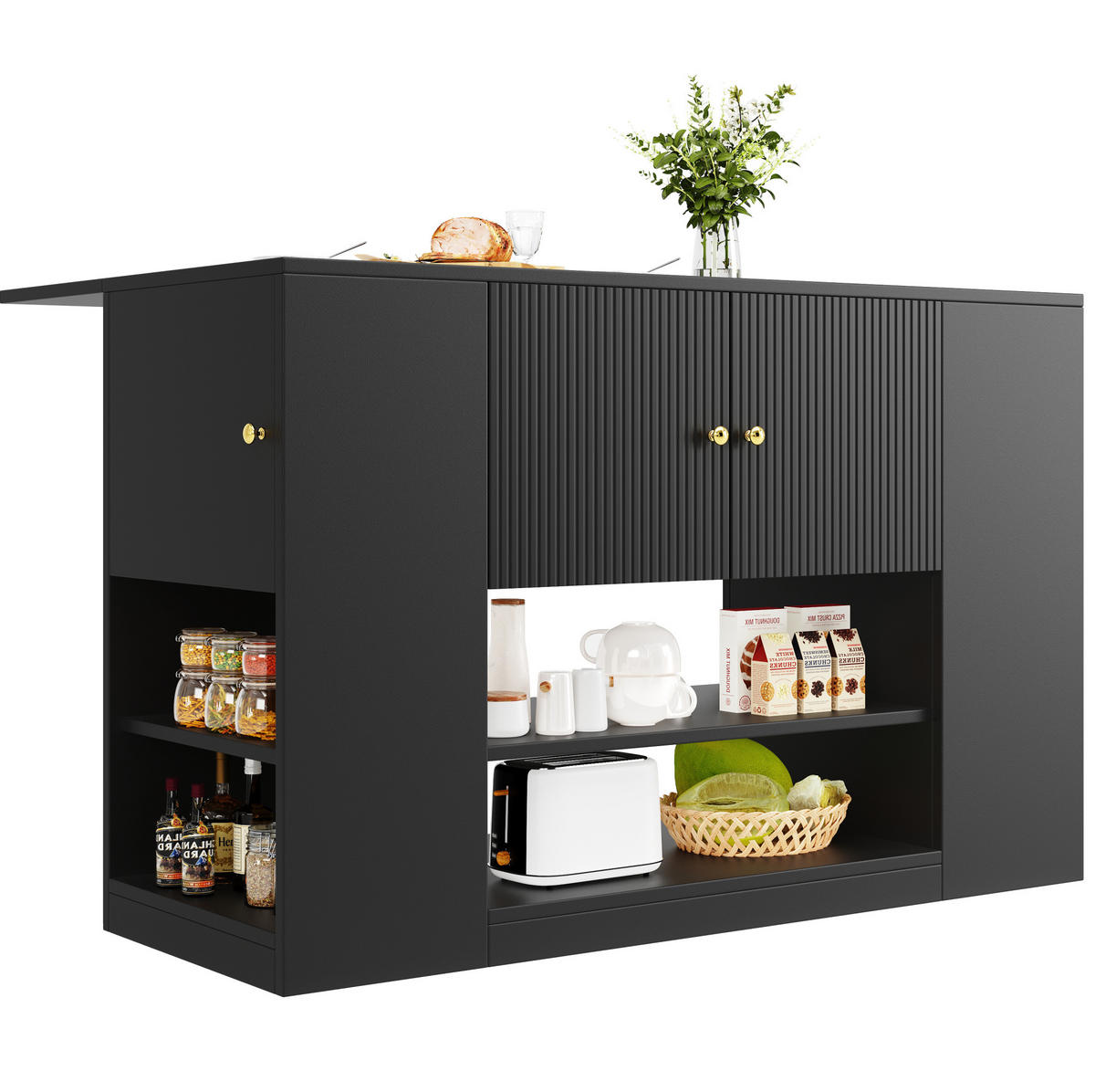 KÜCHENINSEL aus MDF mit Klapptisch & Stauraum, 140/40/90 cm, Schwarz - Schwarz, Holzwerkstoff (40/90/140cm) - Redom