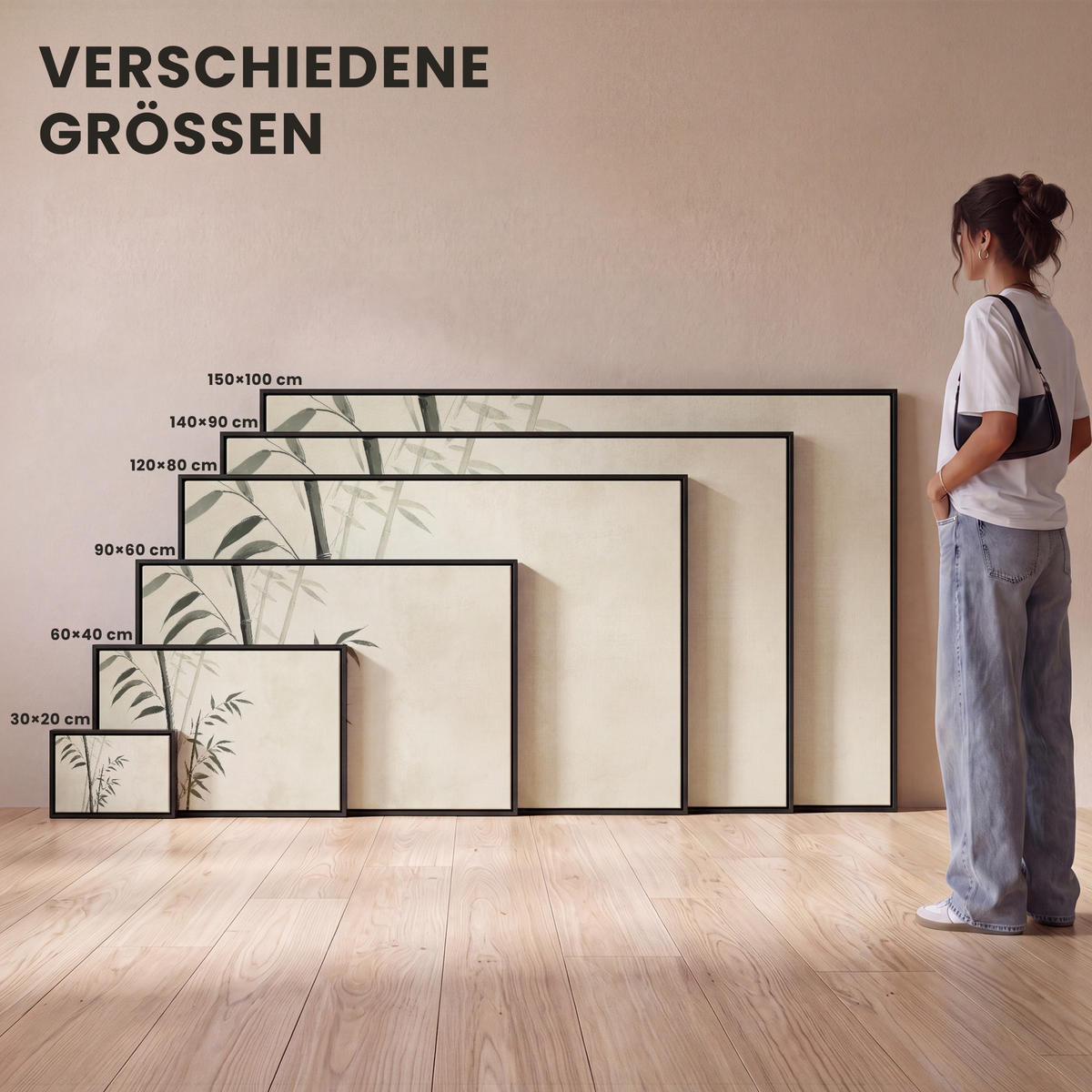 LEINWAND Bilder mit Rahmen - Japandi - Bambus - Beige - 150x100 - Eukalyptusholzfarben, Textil (150/100cm) - MuchoWow