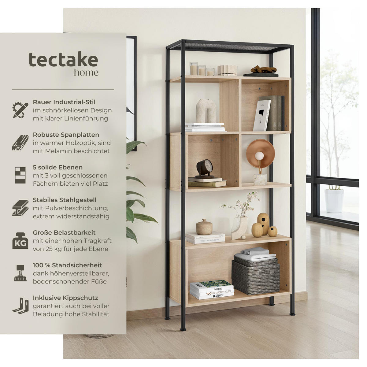 REGAL Hastings,inklusive Kippschutz, 75 x 31 x 170,5 cm,Industrial Holz hell, Eiche Sonoma - Naturfarben, Holzwerkstoff (31/170.5/75cm) - tectake