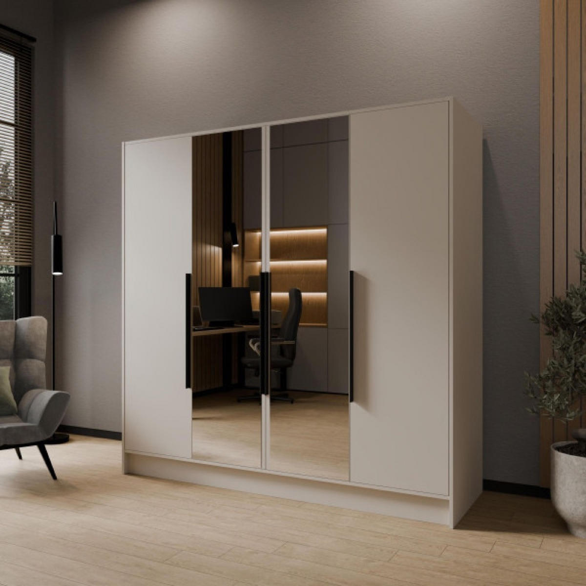 SCHRANK Kaschmir LUSO Mit Spiegel Und Schwarzen Griffen 200 g - Kaschmir/Beige, Holzwerkstoff (200/200/51cm) - Sepro Meble
